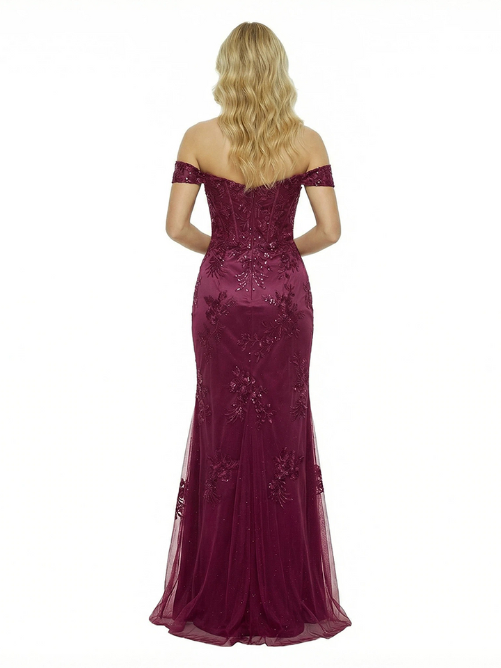 ChicSew Pretty Off The Shoulder Satin Mermaid Side Slit Formal Evening Prom Dress With Applique