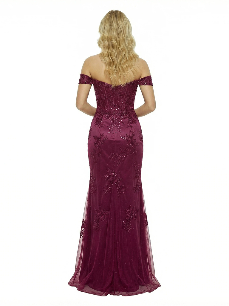 ChicSew Pretty Off The Shoulder Satin Mermaid Side Slit Formal Evening Prom Dress With Applique