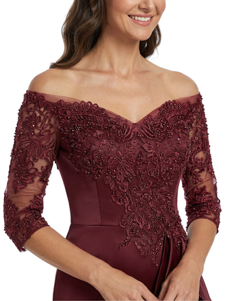 Chicsew Mother of The Groom Dress Off Shoulder 3/4 Sleeve Lace Satin Trumpet Maxi Gown Fancy Ruffled