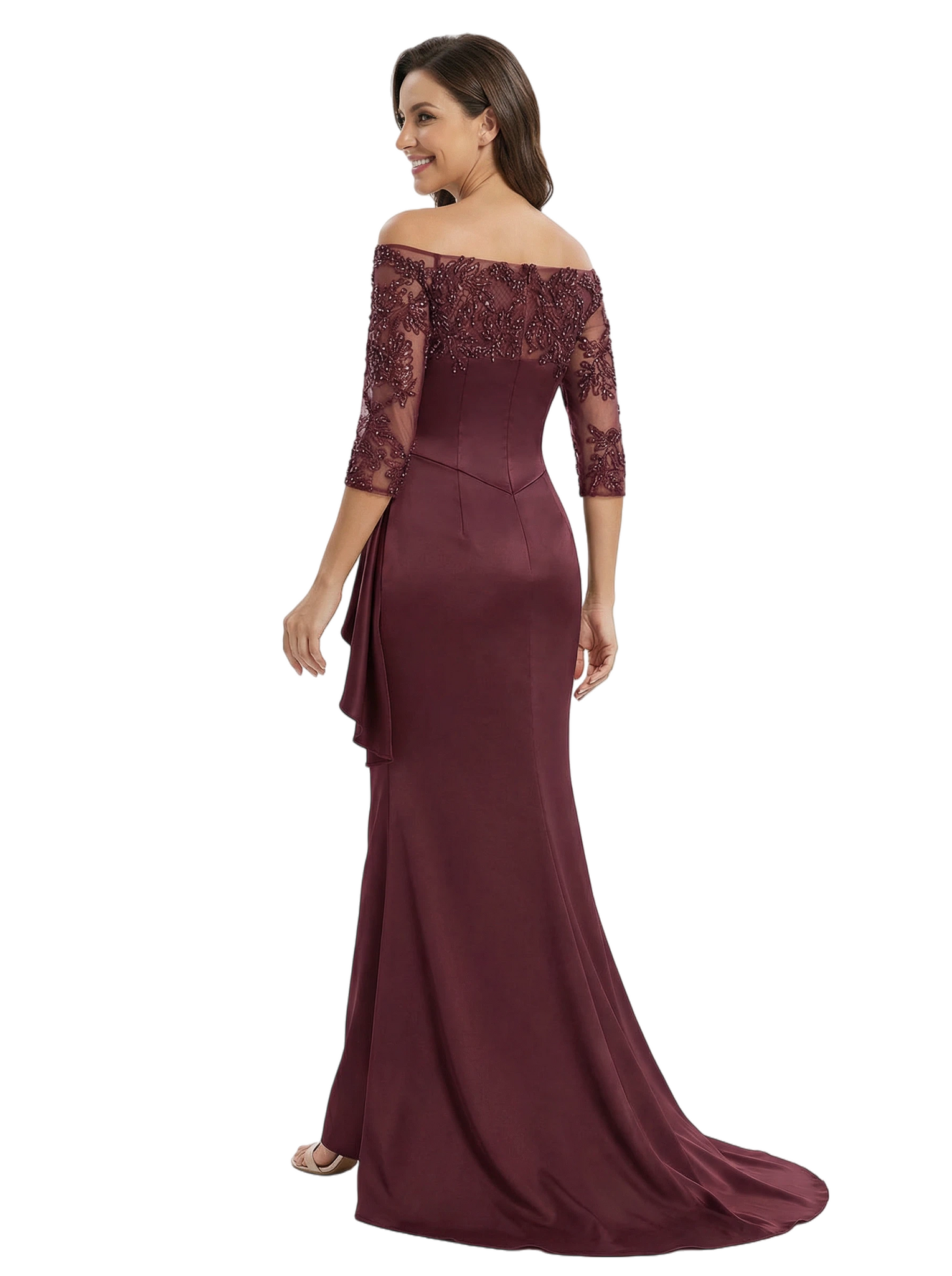 Chicsew Mother of The Groom Dress Off Shoulder 3/4 Sleeve Lace Satin Trumpet Maxi Gown Fancy Ruffled