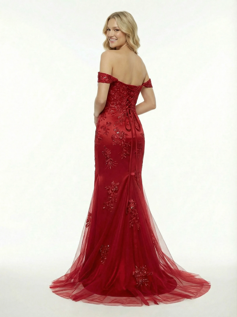 Off-the-Shoulder Sequin Lace Appliques Mermaid Side Slit Prom Dress