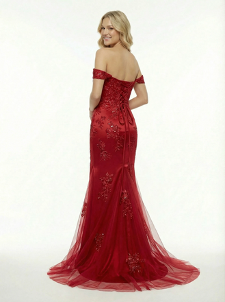 Off-the-Shoulder Sequin Lace Appliques Mermaid Side Slit Prom Dress