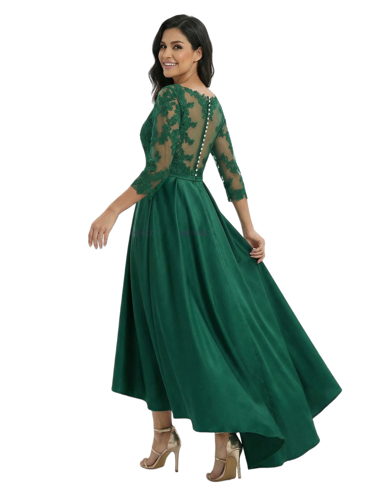 Chicsew Elegant Mother of The Bride Dress V-Neck 3/4 Sleeve Lace Satin High-Low A-Line Gown