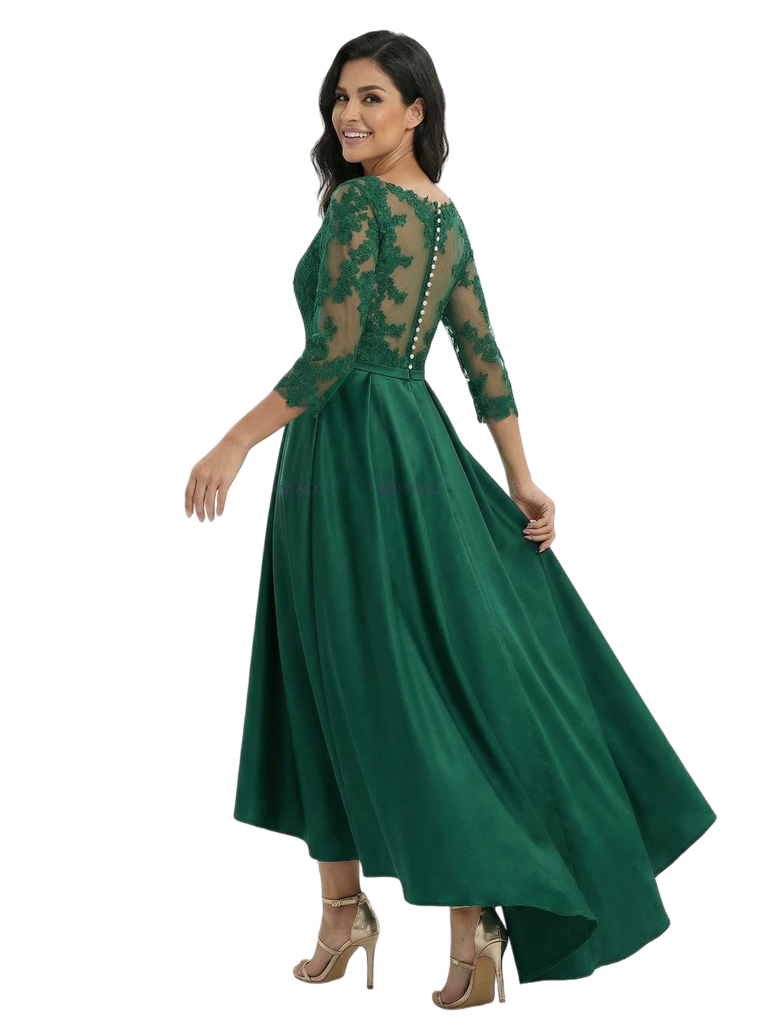 Chicsew Elegant Mother of The Bride Dress V-Neck 3/4 Sleeve Lace Satin High-Low A-Line Gown