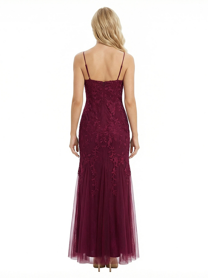 ChicSew Classy Spaghetti Straps Floral Applique Tulle Mermaid Long Formal Dresses