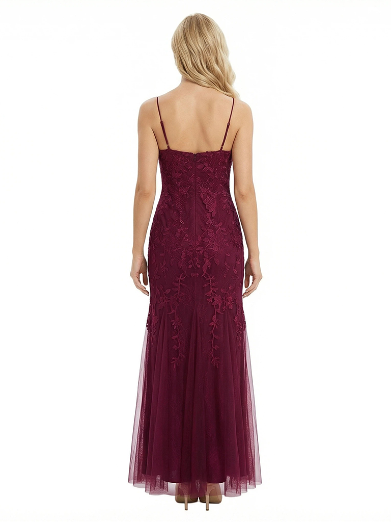 ChicSew Classy Spaghetti Straps Floral Applique Tulle Mermaid Long Formal Dresses