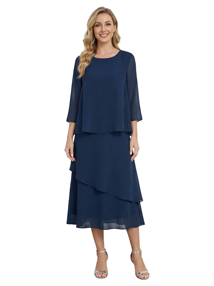 Chicsew Classy Chiffon 3/4 Sleeves Tiered Ruffles A-Line Mother Of The Bride Dress
