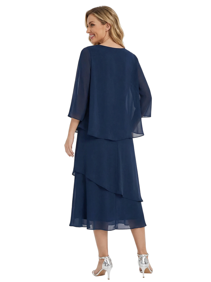 Chicsew Classy Chiffon 3/4 Sleeves Tiered Ruffles A-Line Mother Of The Bride Dress