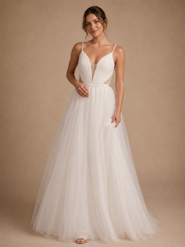 ChicSew Classy Spaghetti Straps Sleeveless Tulle A-Line Maxi Long Wedding Dress