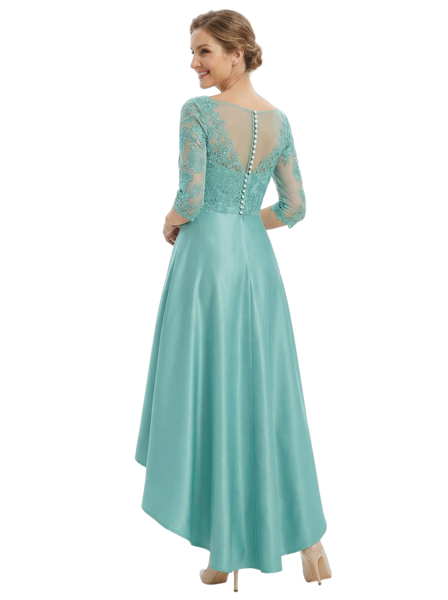 Chicsew Elegant V-Neck Lace 3/4 Sleeves Satin High-Low A-Line Mother Of The Bride Dress