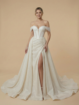 Mermaid Off Shoulder Side Slit Ruched Maxi Long Sequin Wedding Dresses With Detachable Skirt