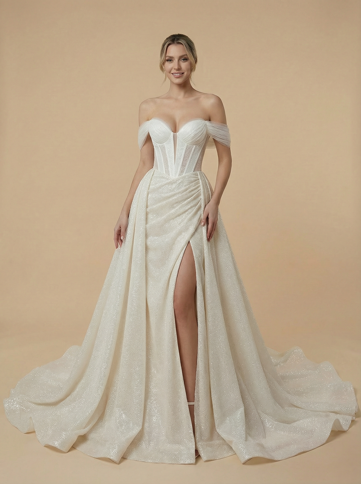 Mermaid Off Shoulder Side Slit Ruched Maxi Long Sequin Wedding Dresses With Detachable Skirt