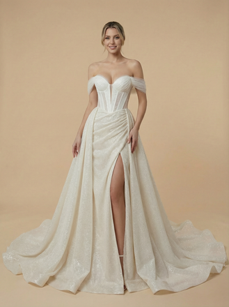 Mermaid Off Shoulder Side Slit Ruched Maxi Long Sequin Wedding Dresses With Train