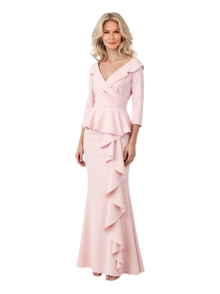Chicsew Elegant V-Neck 3/4 Sleeves Ruched Mermaid Mother of The Groom Dress With Ruffles