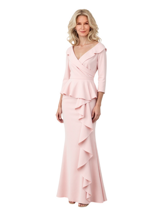 Chicsew Elegant V-Neck 3/4 Sleeves Ruched Mermaid Mother of The Groom Dress With Ruffles