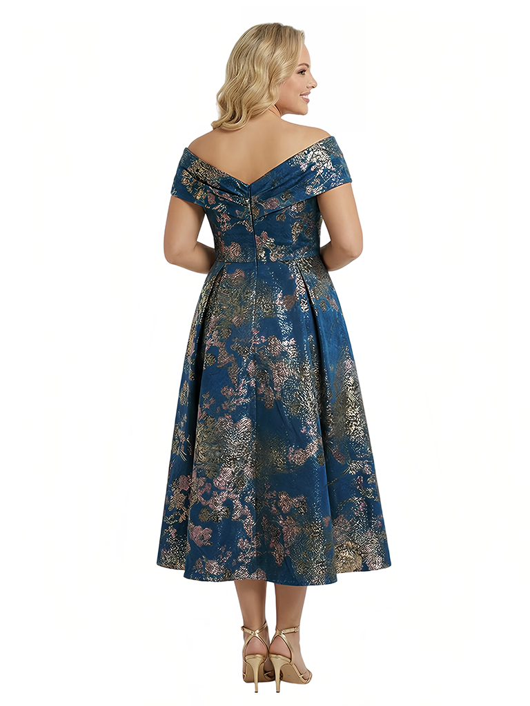 ChicSew Elegant Floral V-Neck Off Shoulder A-Line Tea-Length Formal Evening Dresses