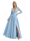 Beautiful V-Neck Lace Long Sleeves Side Slit Ruched A-Line Maxi Prom Gown