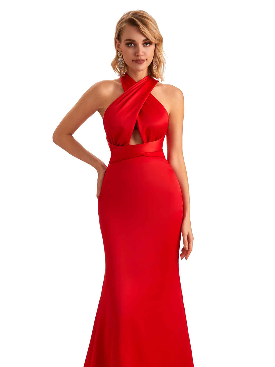Sexy Side Slit Criss Cross Halter Mermaid Soft Satin Long Bridesmaid Dress For Wedding