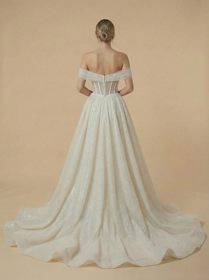 Mermaid Off Shoulder Side Slit Ruched Maxi Long Sequin Wedding Dresses With Detachable Skirt