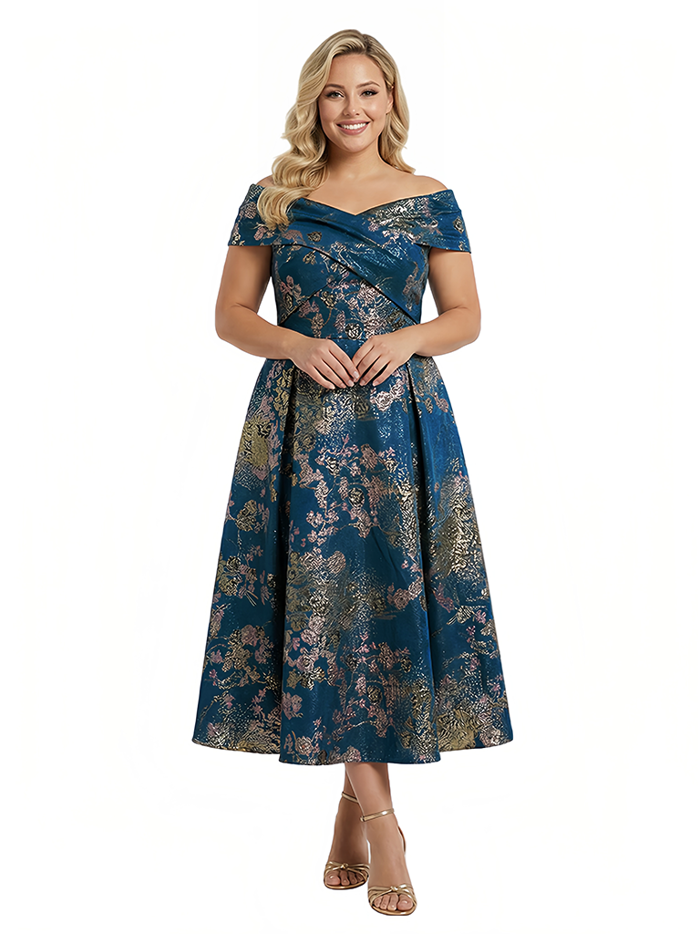 ChicSew Elegant Floral V-Neck Off Shoulder A-Line Tea-Length Formal Evening Dresses