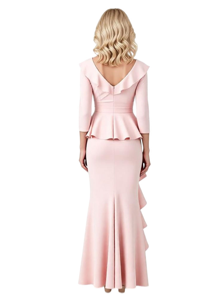 Chicsew Elegant V-Neck 3/4 Sleeves Ruched Mermaid Mother of The Groom Dress With Ruffles