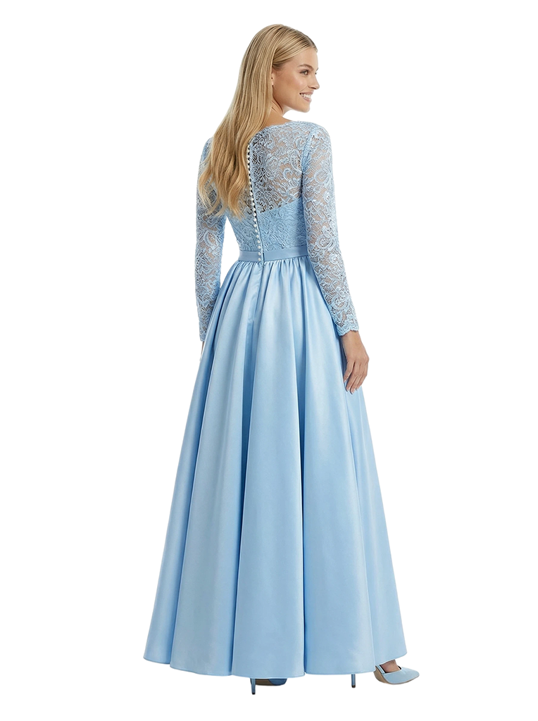 Beautiful V-Neck Lace Long Sleeves Side Slit Ruched A-Line Maxi Prom Gown