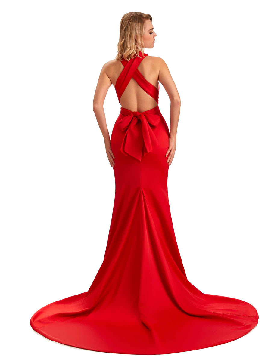 Sexy Side Slit Criss Cross Halter Mermaid Soft Satin Long Bridesmaid Dress For Wedding