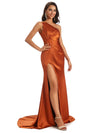 Boho One Shoulder Satin Bridesmaid Dresses Twisted Waist