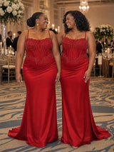 ChicSew Elegant Spaghetti Straps Boning Mermaid Soft Satin Floor-Length Bridesmaid Dresses With Applique