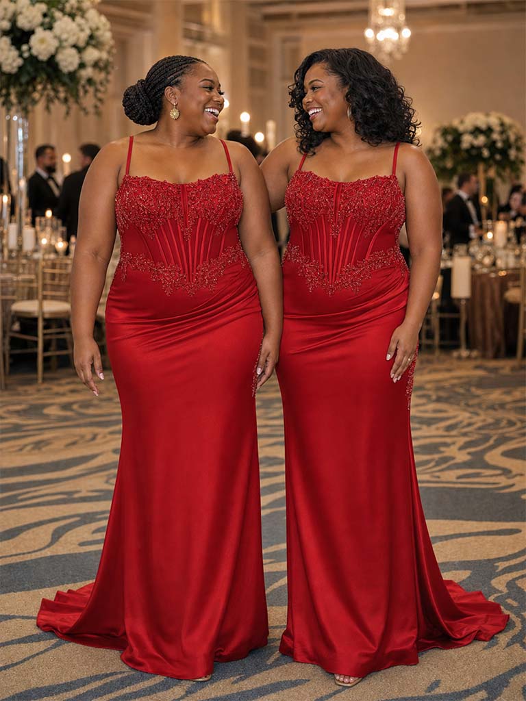 ChicSew Elegant Spaghetti Straps Boning Mermaid Soft Satin Floor-Length Bridesmaid Dresses With Applique