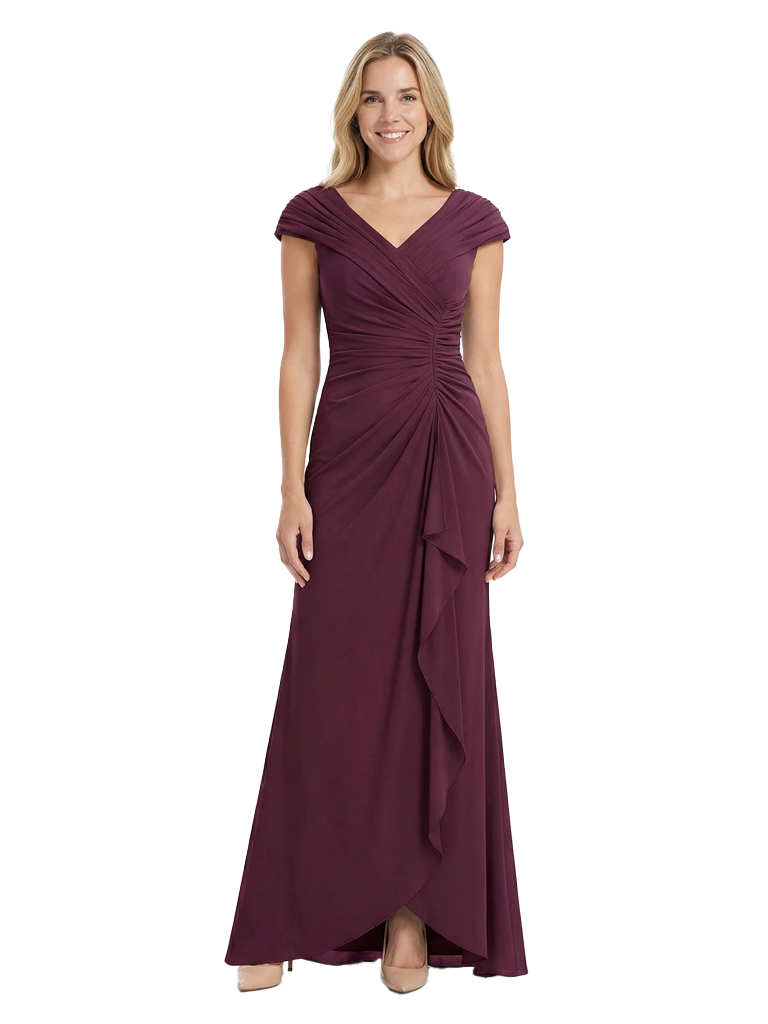 Chicsew Elegant V-Neck Pleated Cap Sleeves Ruffles Mermaid Mother Of The Bride Dress