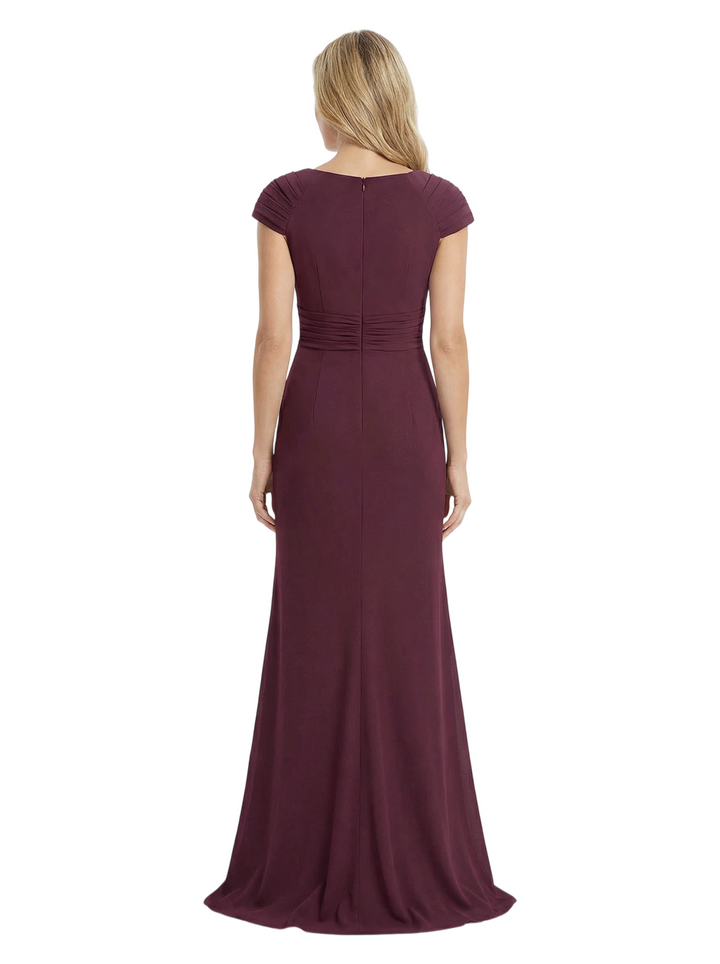 Chicsew Elegant V-Neck Pleated Cap Sleeves Ruffles Mermaid Mother Of The Bride Dress