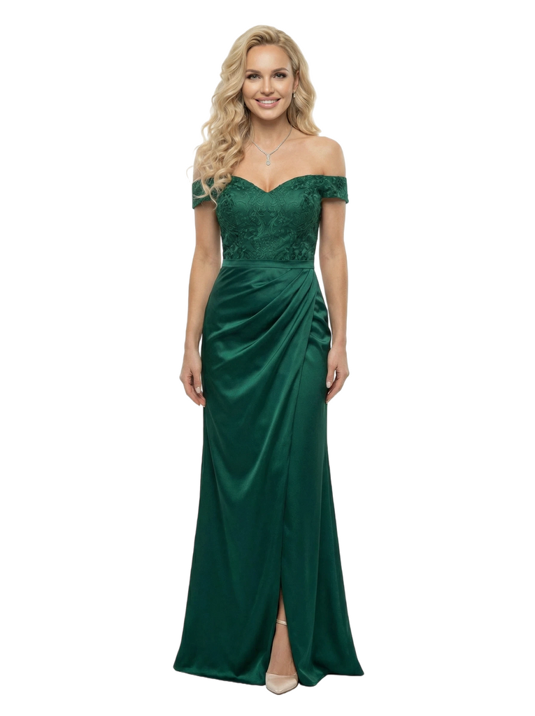 ChicSew Modern Off The Shoulder Side Slit Satin Mermaid Evening Prom Dress With Applique