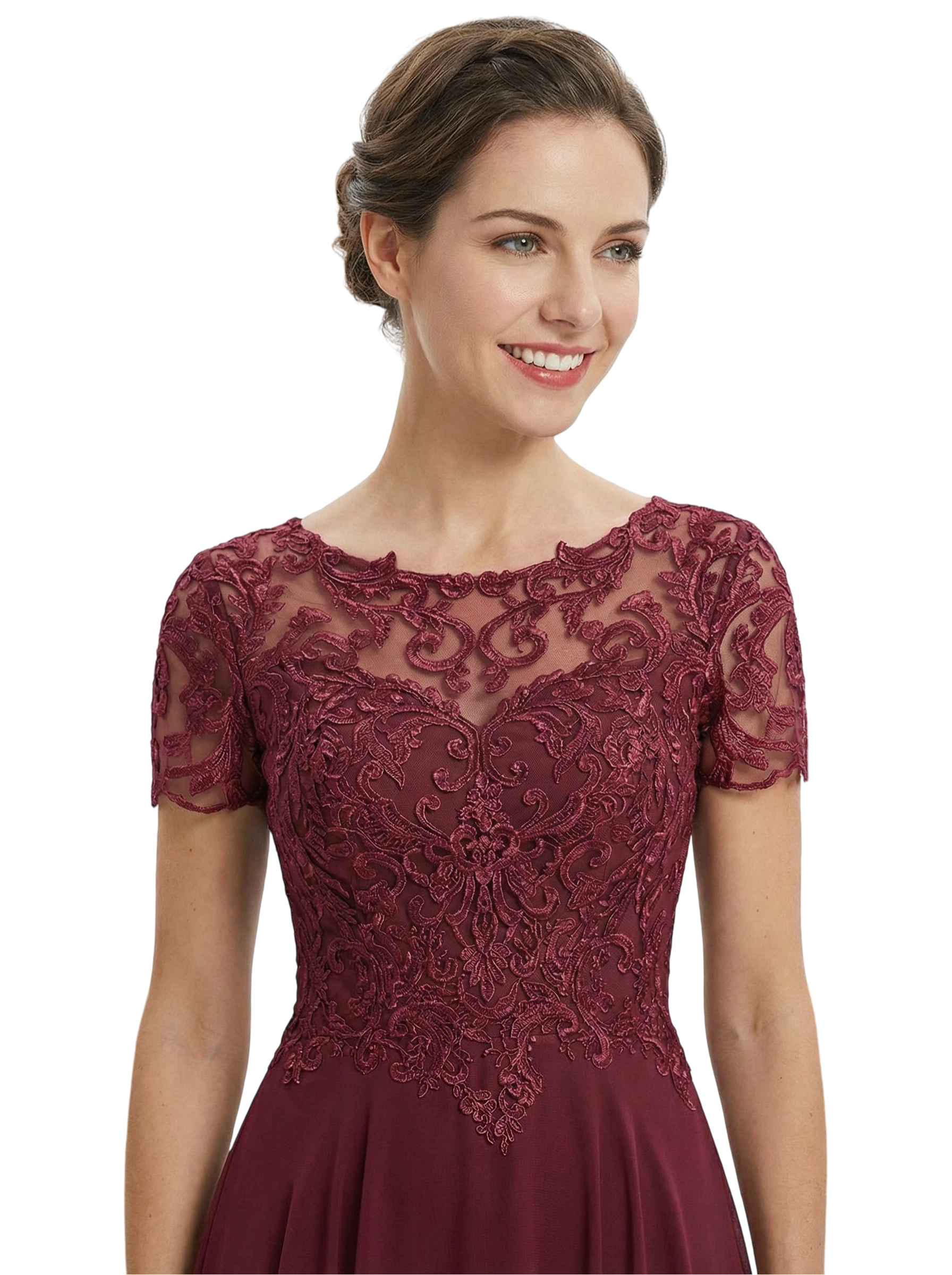 Chicsew Vintage Tea Length Short Sleeves Mother Of The Bride Dress With Lace Illusion Neck