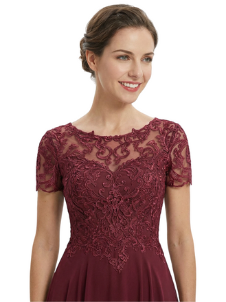 Chicsew Vintage Tea Length Short Sleeves Mother Of The Bride Dress With Lace Illusion Neck