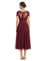 Chicsew Vintage Tea Length Short Sleeves Mother Of The Bride Dress With Lace Illusion Neck