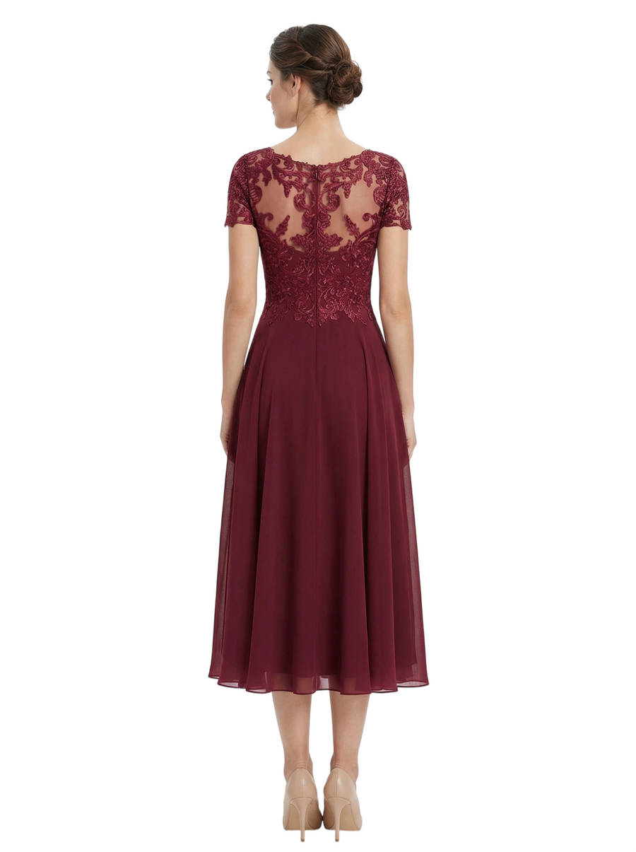 Chicsew Vintage Tea Length Short Sleeves Mother Of The Bride Dress With Lace Illusion Neck