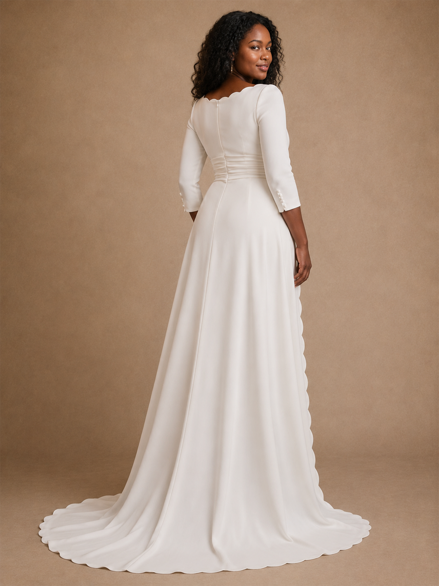 ChicSew Elegant Bateau 3/4 Sleeves A-Line Crepe Maxi Wedding Dress With Side Slit