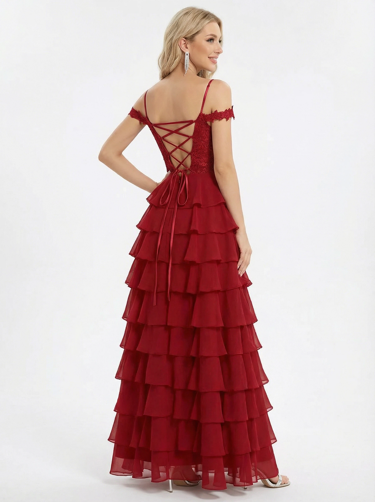 Elegant Ruffle Chiffon Cold Shoulder Lace Formal Evening Prom Dress