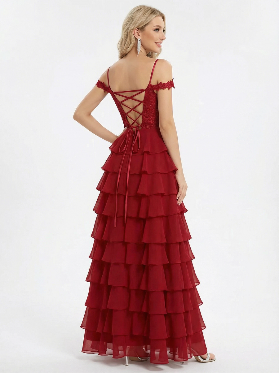 Elegant Ruffle Chiffon Cold Shoulder Lace Formal Evening Prom Dress