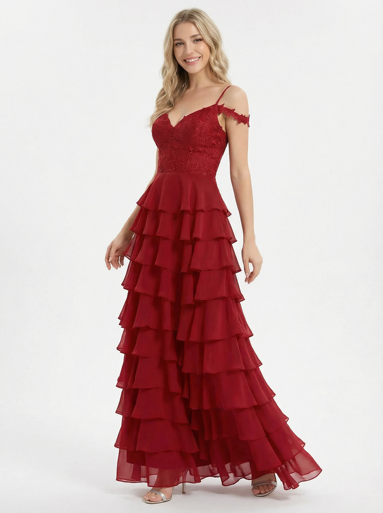 Elegant Ruffle Chiffon Cold Shoulder Lace Formal Evening Prom Dress