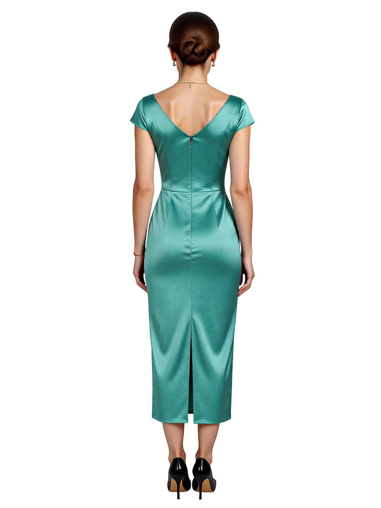Chicsew Classy Asymmetrical Neck Cap Sleeves Satin Ankle-Length Sheath Mother Of The Bride Dress