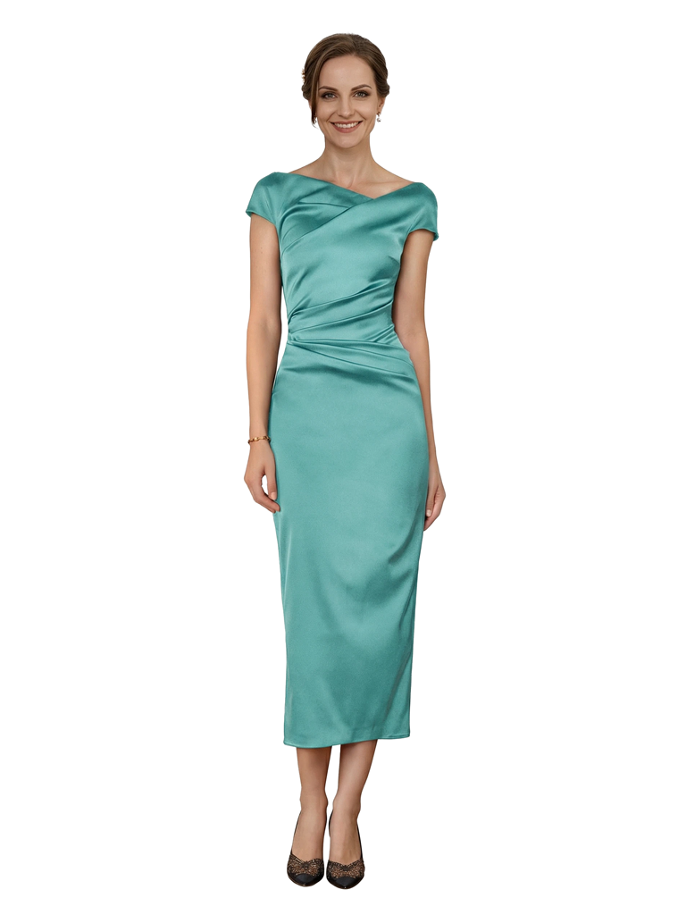 Chicsew Classy Asymmetrical Neck Cap Sleeves Satin Ankle-Length Sheath Mother Of The Bride Dress