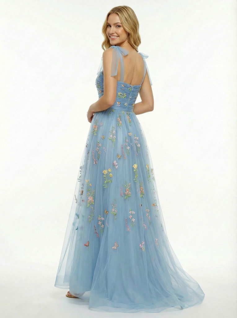 Spaghetti Strap Lace Flowers Tulle Long Graduation Dresses