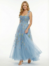 Spaghetti Strap Lace Flowers Tulle Long Graduation Dresses