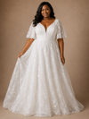 ChicSew Elegant V-Neck Lace Applique Flutter Sleeves A-Line Floor-Length Wedding Dress
