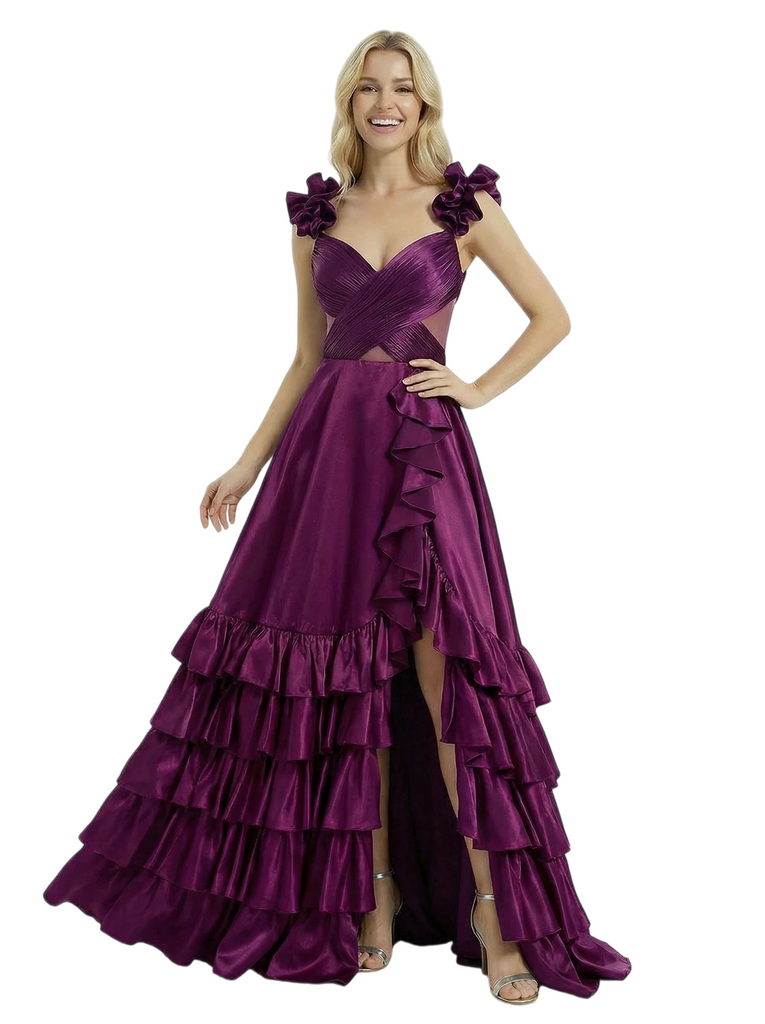 ChicSew Unique Ruched Satin A-Line Flower Side Slit Ruffle Formal Prom Dress