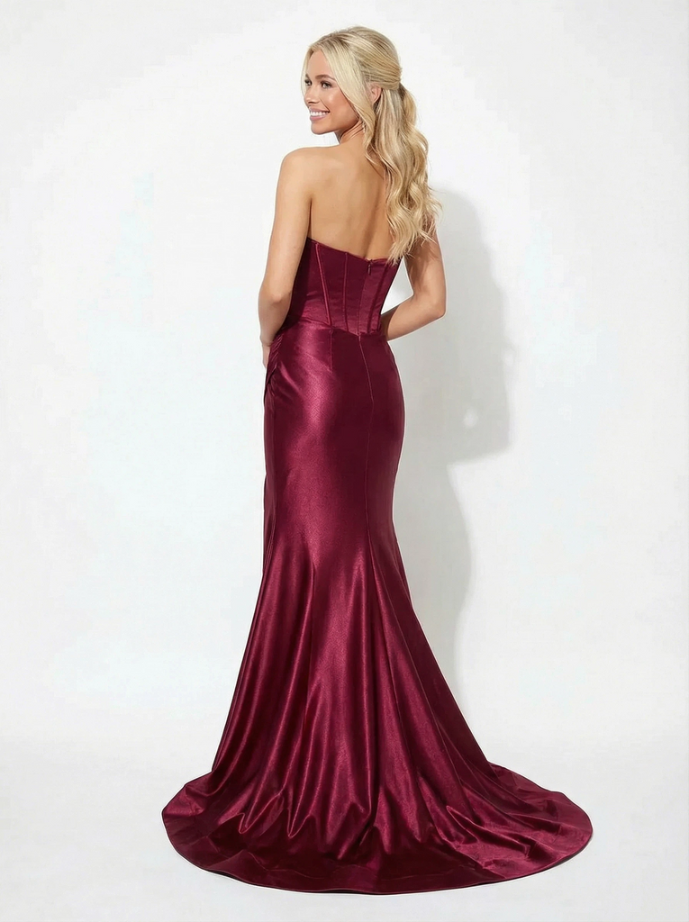 Strapless Satin Mermaid Sweetheart Bow-knot Side Slit Formal Gown