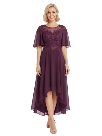 Chicsew Modern High-Low Lace Applique Flutter Sleeves Mother Of The Bride Dress