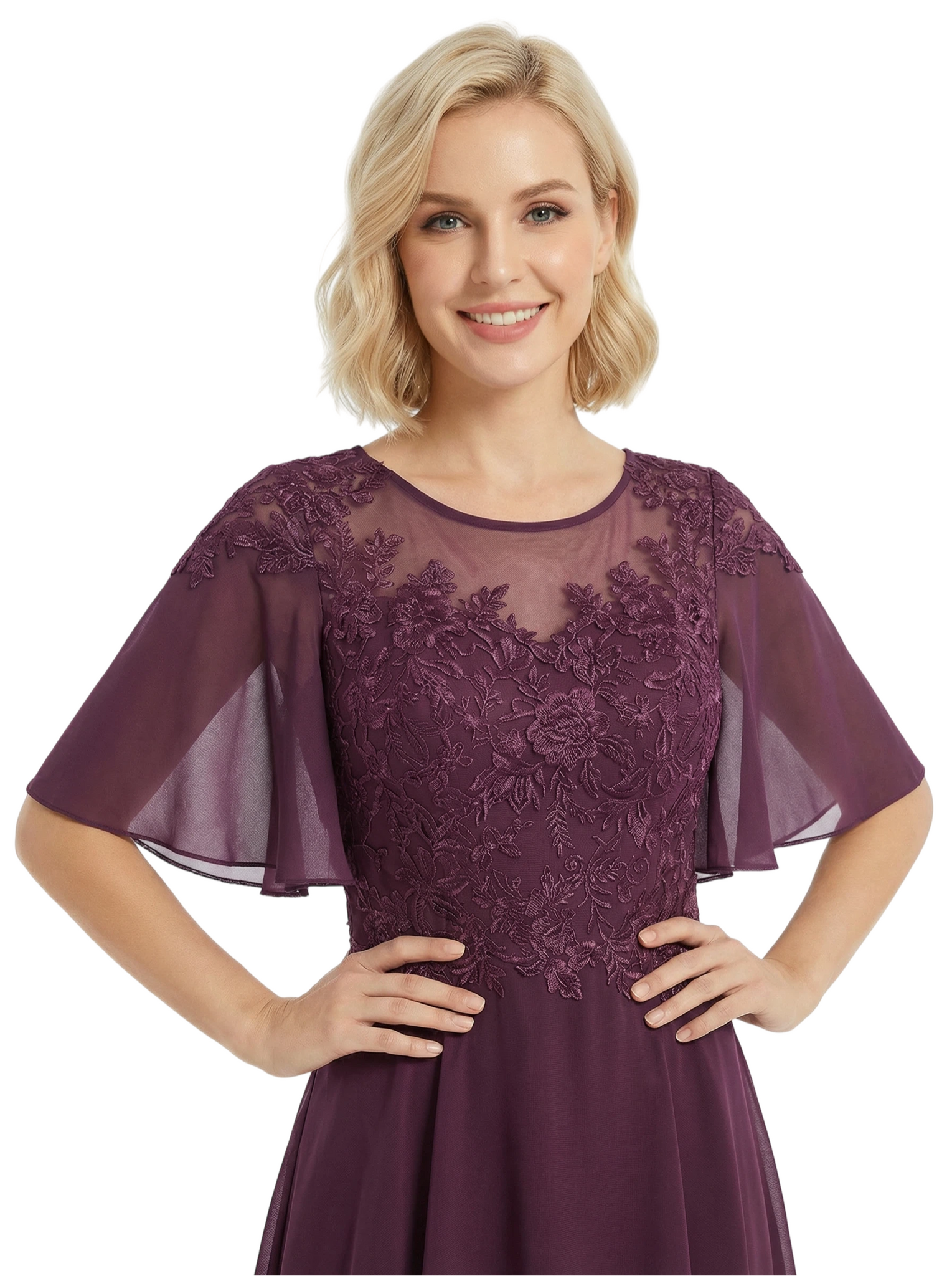 Chicsew Modern High-Low Lace Applique Flutter Sleeves Mother Of The Bride Dress